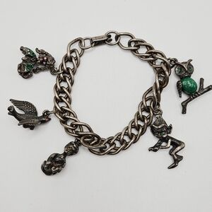 VINTAGE OBCO Pewter Charm Rhinestone Bracelet Owl Elf Poodle Bird  Signed